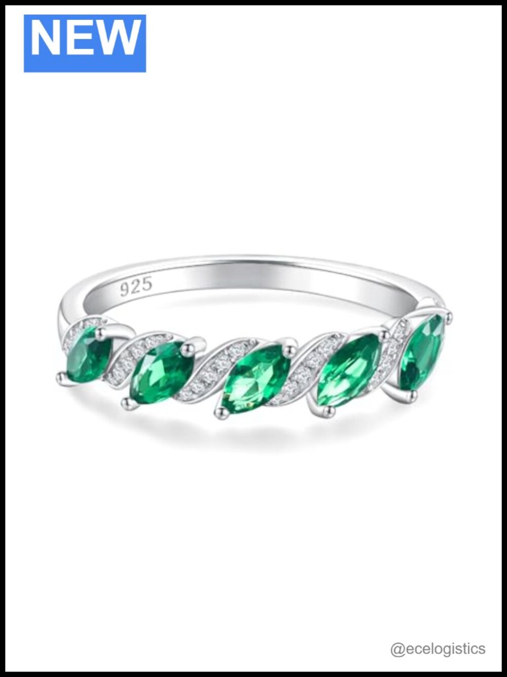 Sterling Silver Half Eternity Ring Marquise Created Emerald Wedding Band